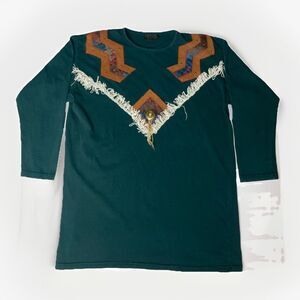 Vintage Early 90s Fringe Aztec Pine Green T-shirt size XL Denver Colorado